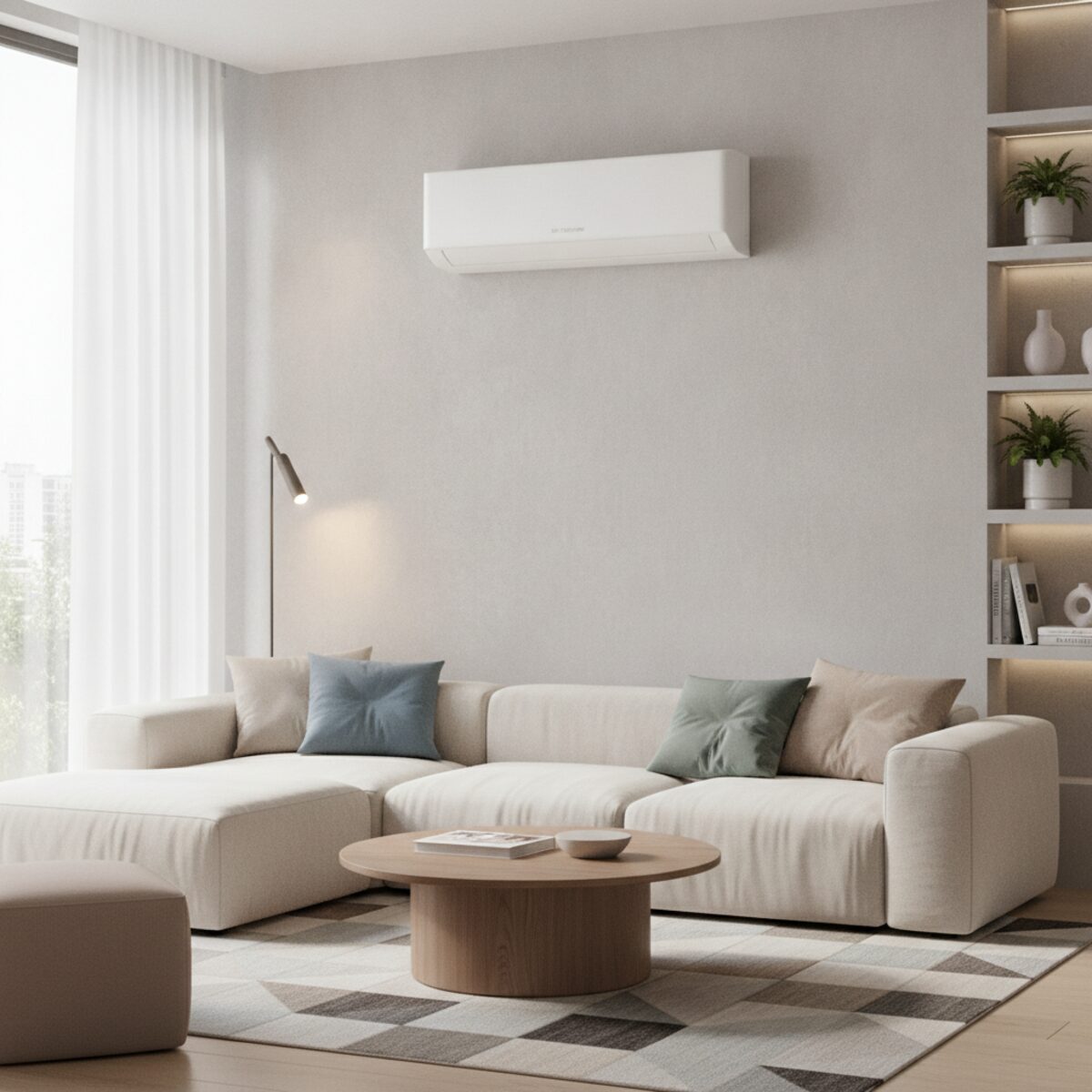 Climatisation réversible (pompe à chaleur air/air) dans un salon moderne